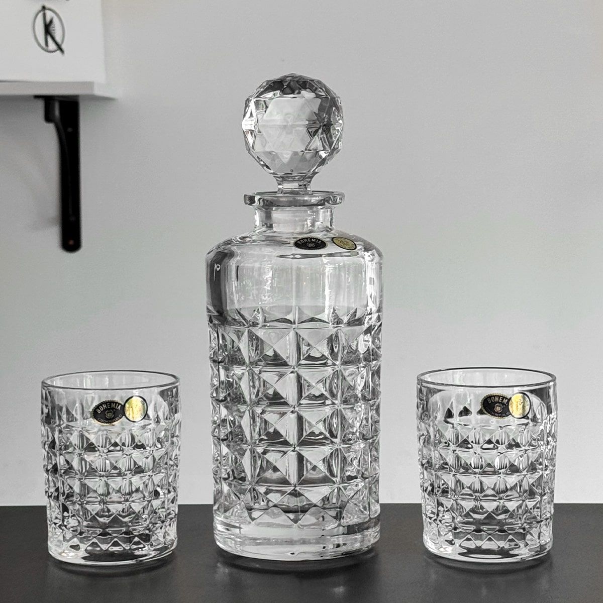 Decantor si 2 pahare din cristal Bohemia